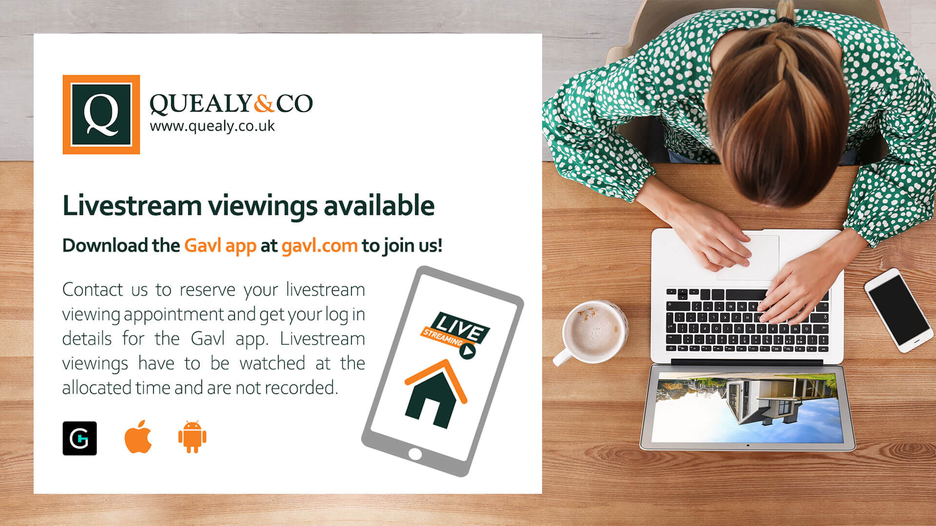 gavl livestream property viewings introduction with woman on laptop at quealy estate agents